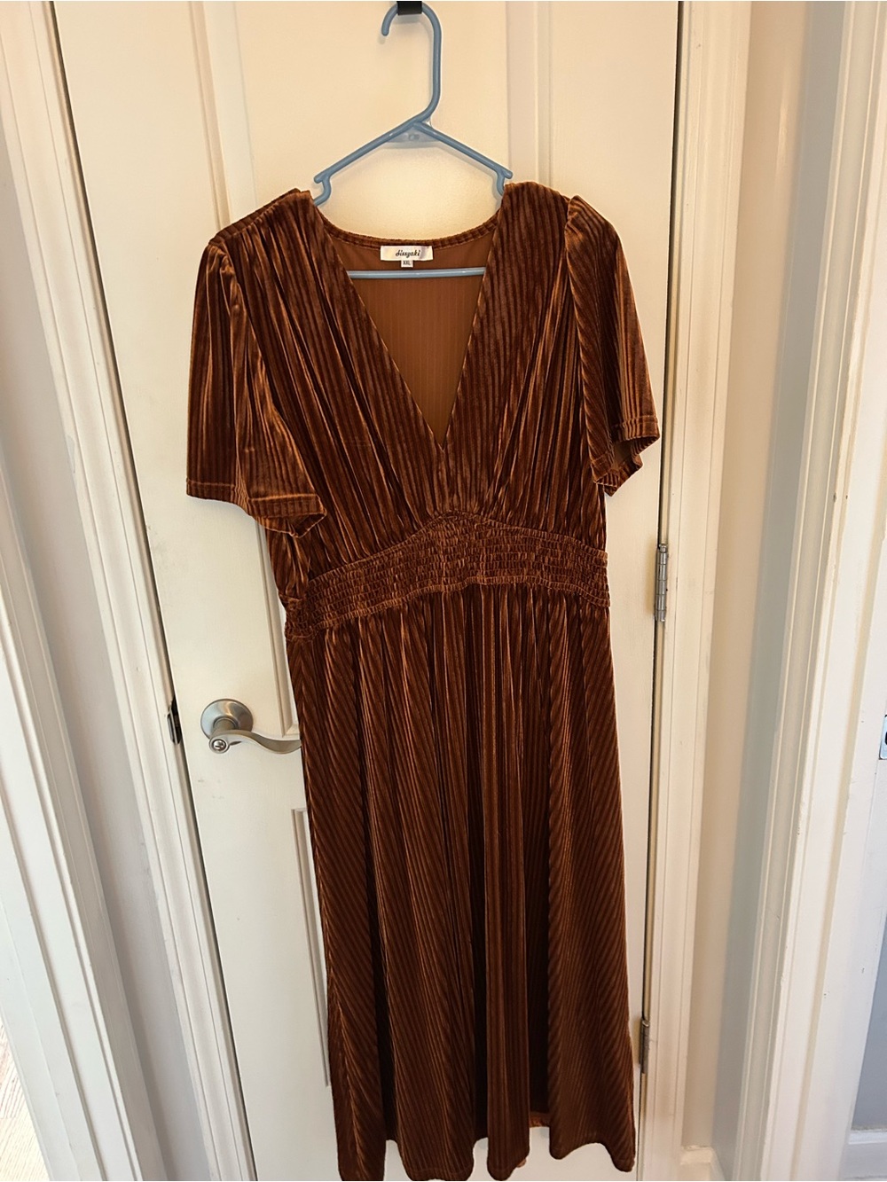 Velvet V-Neck Smocked Waist Midi Dress - Brown/Copper